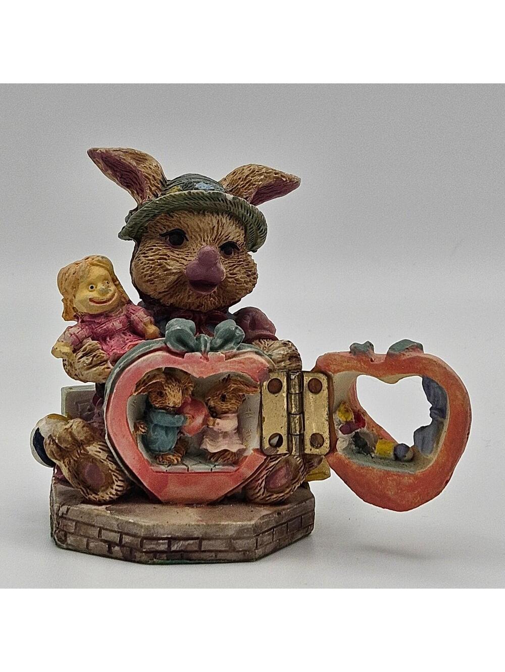 Vintage Bunny Rabbit Figurine Hidden Heart Scene Resin Easter Decor Collectible